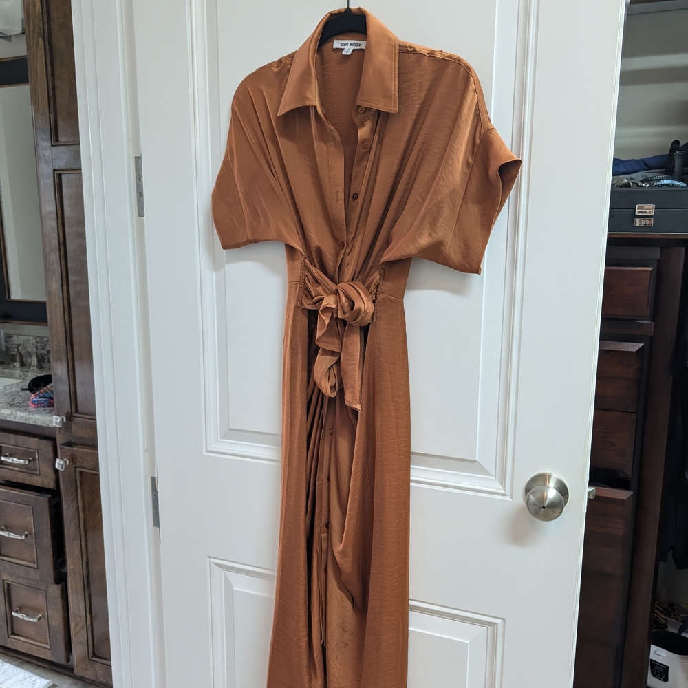 Rust Orange Button-Up Dress with Tie Waist